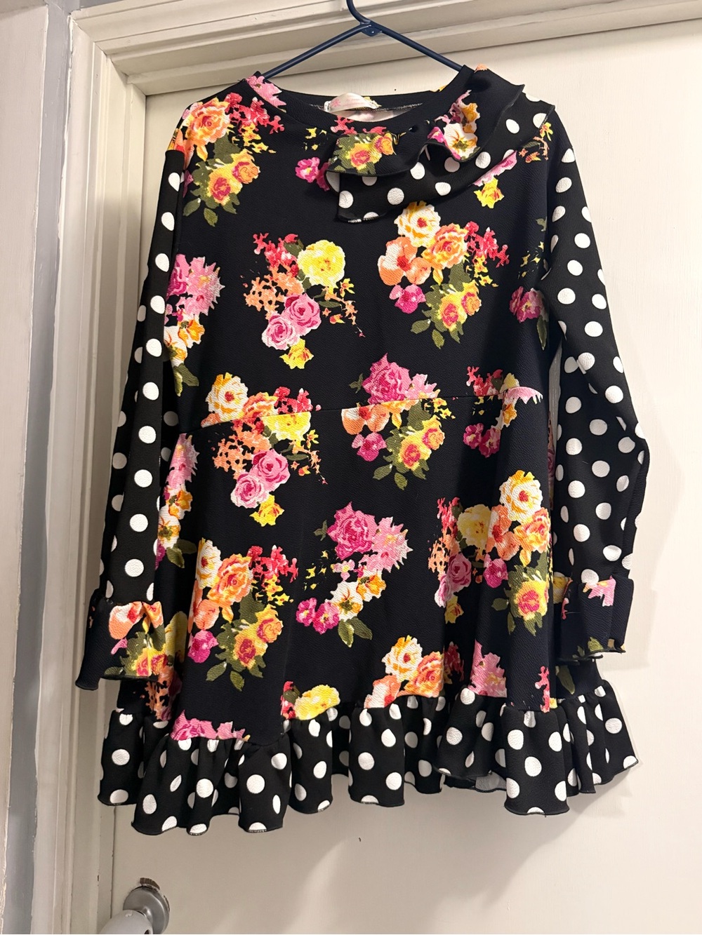 Black Floral & Polka Dot Ruffle Blouse with Pink & Yellow Accents